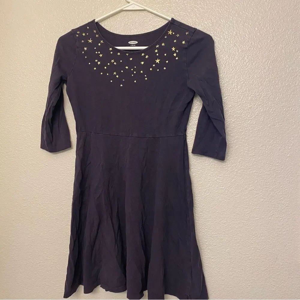 Old Navy Fit flare 3/4 long Sleeve basic Dress purple stars 100% cotton L 10-12